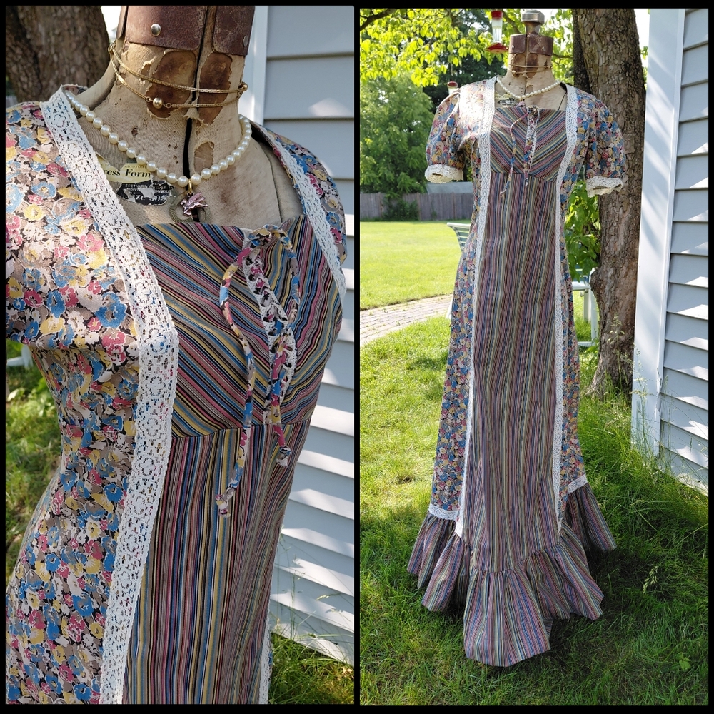 Vintage 60s handmade floral print lace maxi corset front country dress Womens S